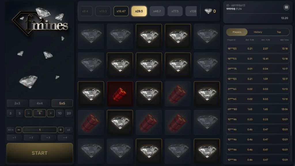 F-Mines fully revealed board with a x29.5 multiplier
