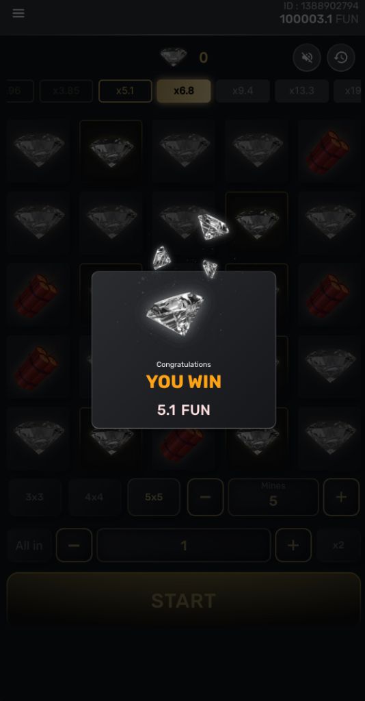 F-Mines You Win screen showing a 5.1 FUN payout